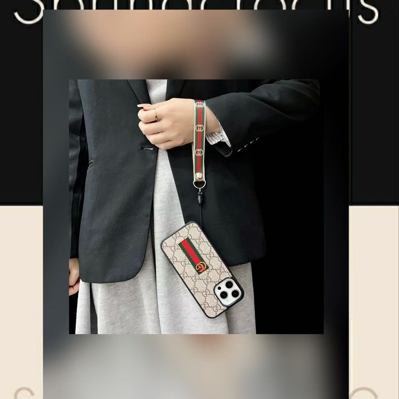 Designer-Inspired Monogram Stripe iPhone Case with Wrist Strap - 画像 (2)