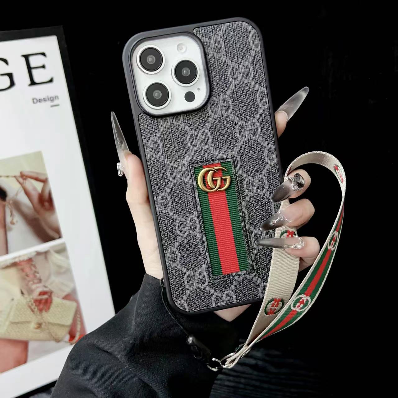 Designer-Inspired Monogram Stripe iPhone Case with Wrist Strap - 画像 (10)