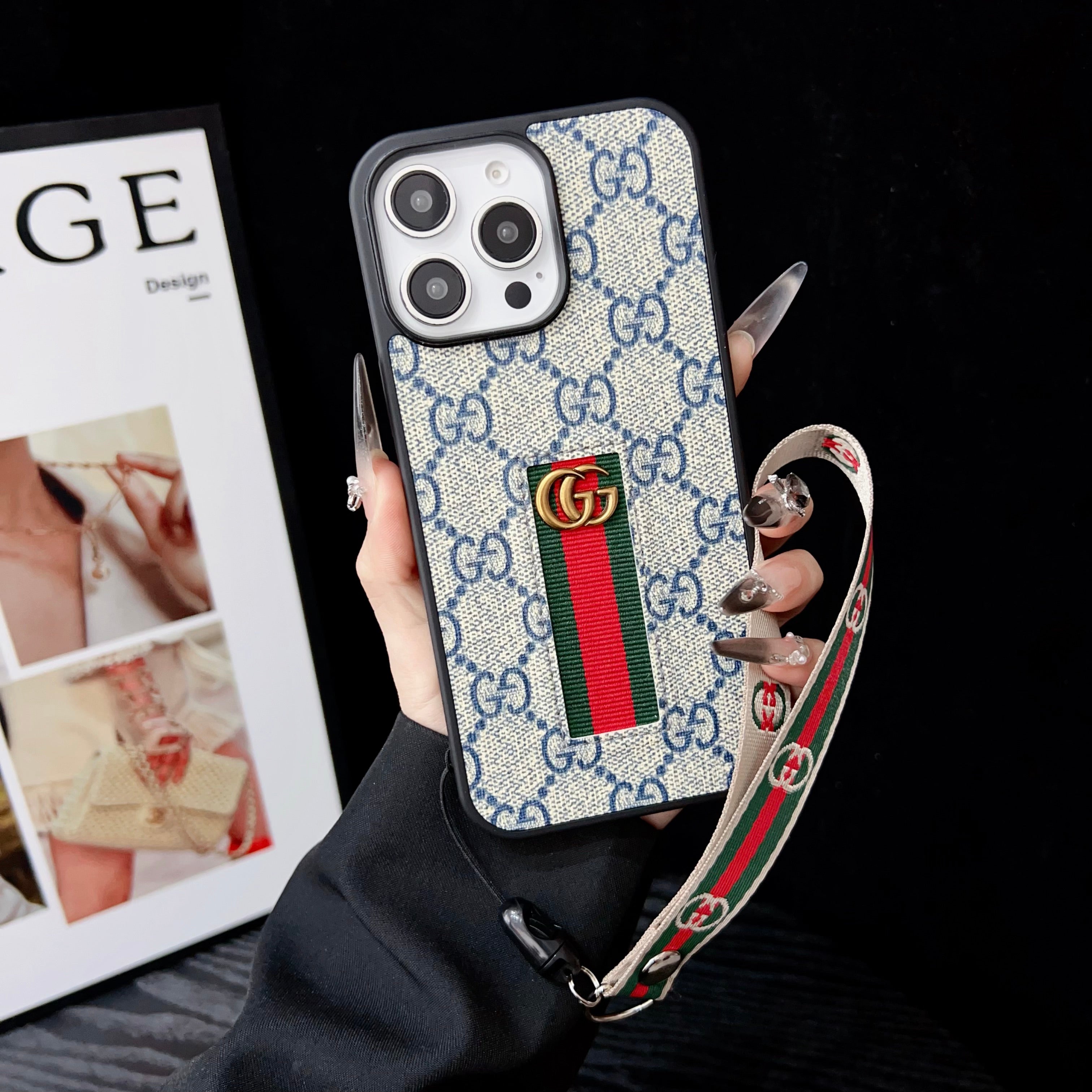Designer-Inspired Monogram Stripe iPhone Case with Wrist Strap - 画像 (13)