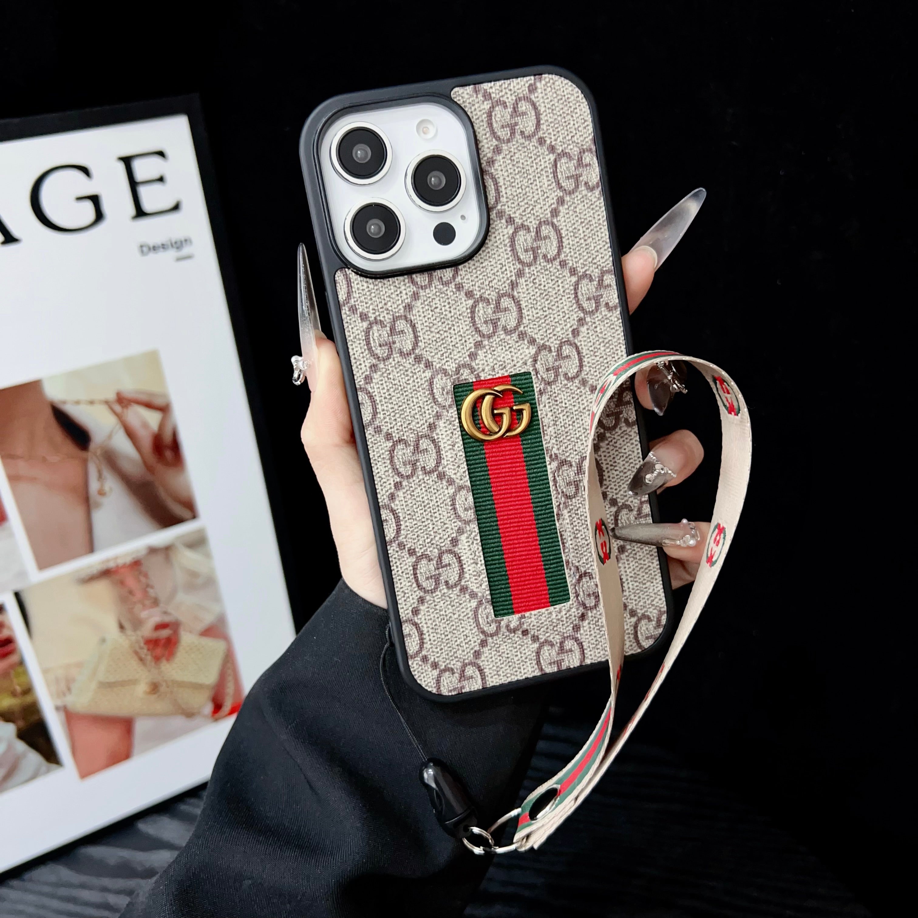 Designer-Inspired Monogram Stripe iPhone Case with Wrist Strap - 画像 (14)
